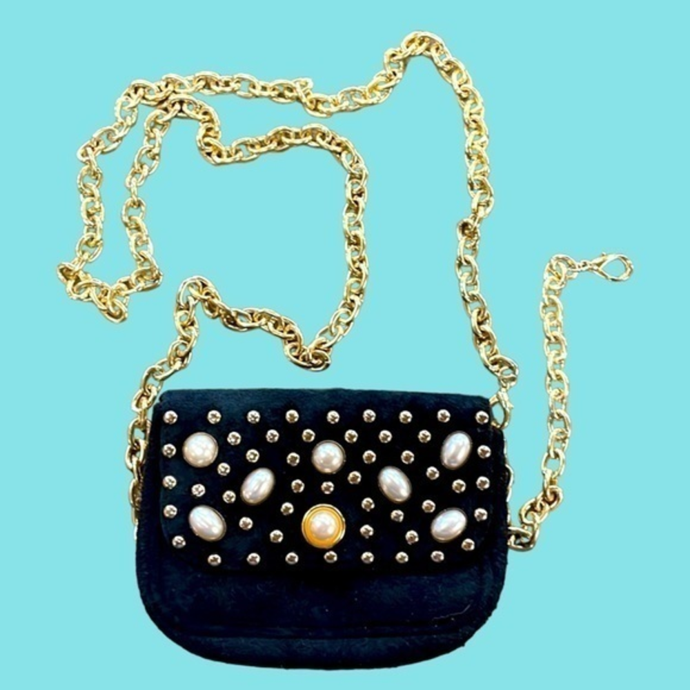 Mini Bag‎ Black Pearl Faux Suede Gold Studs w/Long Chain Strap
